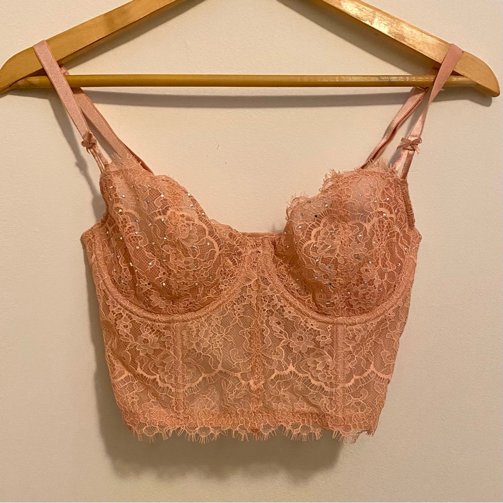 Victorias Secret Dream Angel Push-Up Pink Blush Rhinestones Bra Bustier 34D NWT